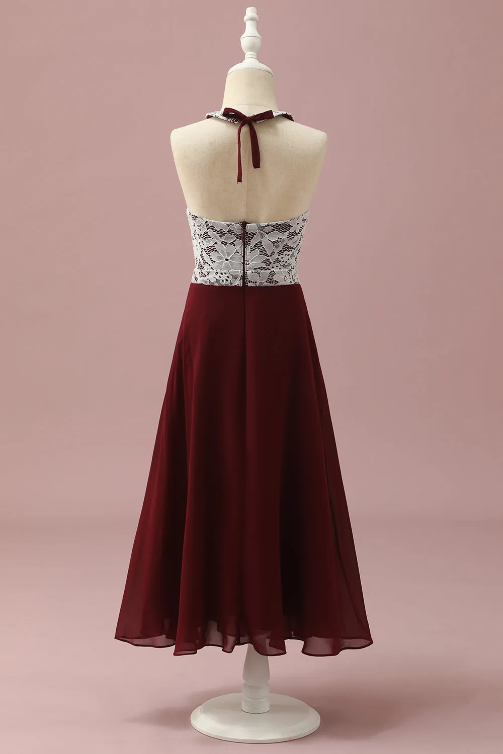 Burgundy Lace and Chiffon Halter Junior Bridesmaid Dress sold by Zapaka product image thumbnail 2
