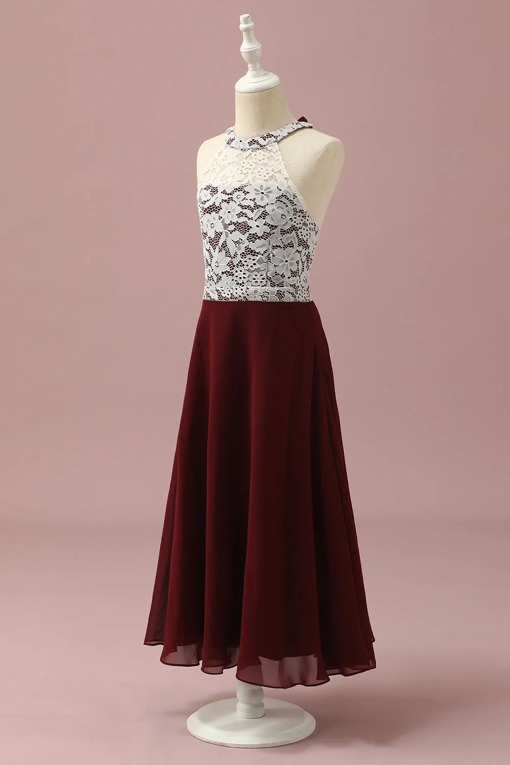 Burgundy Lace and Chiffon Halter Junior Bridesmaid Dress sold by Zapaka product image thumbnail 3