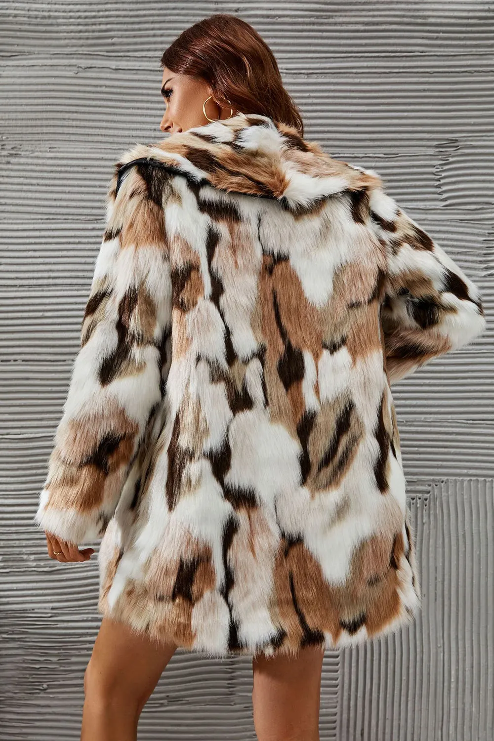 White and Brown Shawl Lapel Midi Faux Fur Shearling Coat sold by Zapaka product image thumbnail 2