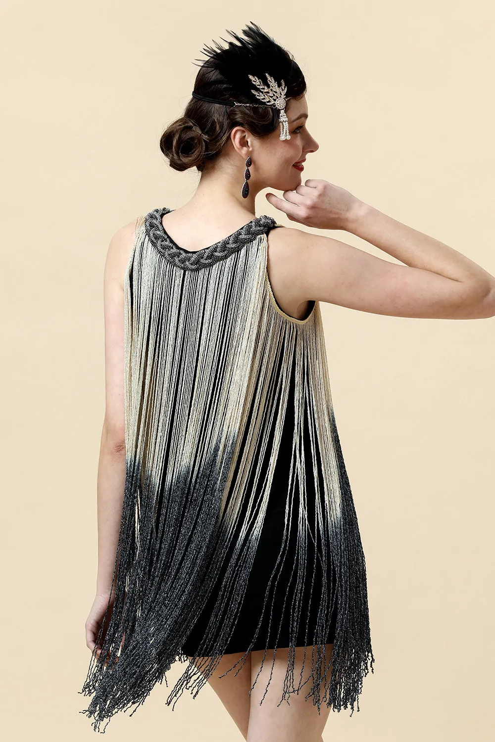 Apricot Fringed Flapper Dress with 20s Accessories Set sold by Zapaka product image thumbnail 3