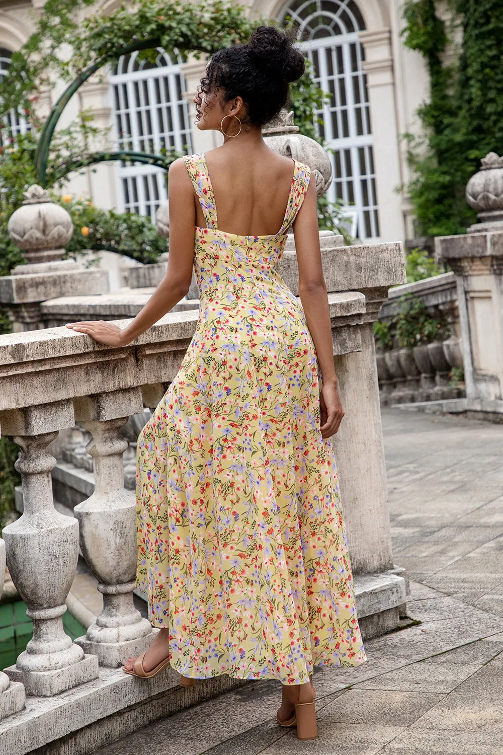 Yellow Flower A Line Print Holloe Out Corset Wedding Guest Dress with Slit sold by Zapaka product image thumbnail 2