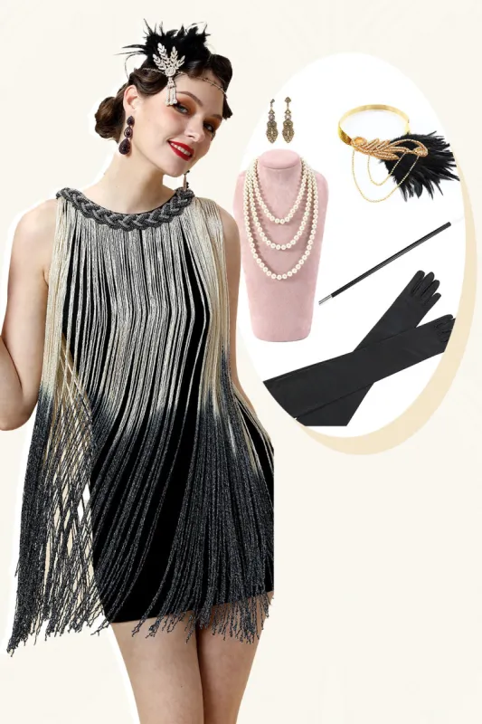 Apricot Fringed Flapper Dress with 20s Accessories Set sold by Zapaka