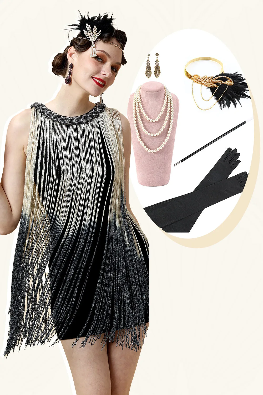 Apricot Fringed Flapper Dress with 20s Accessories Set sold by Zapaka