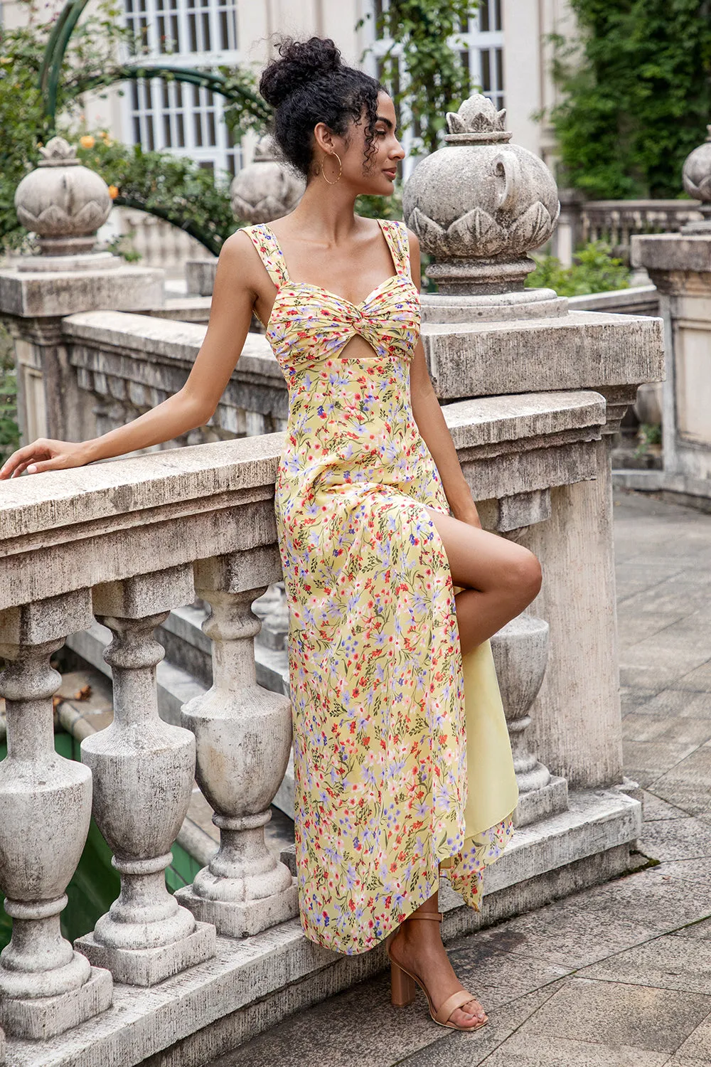 Yellow Flower A Line Print Holloe Out Corset Wedding Guest Dress with Slit sold by Zapaka product image thumbnail 3