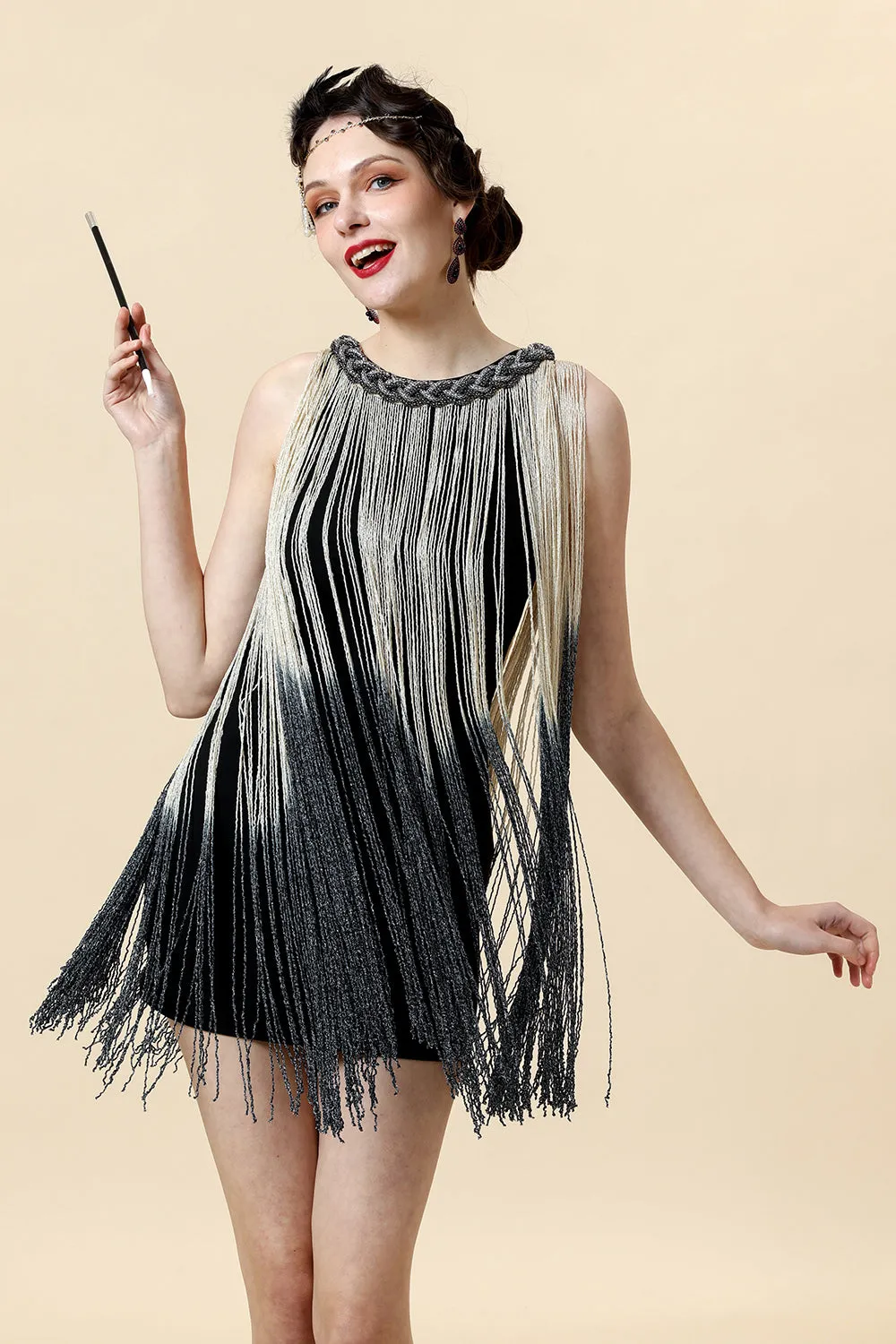 Apricot Fringed Flapper Dress with 20s Accessories Set sold by Zapaka product image thumbnail 5