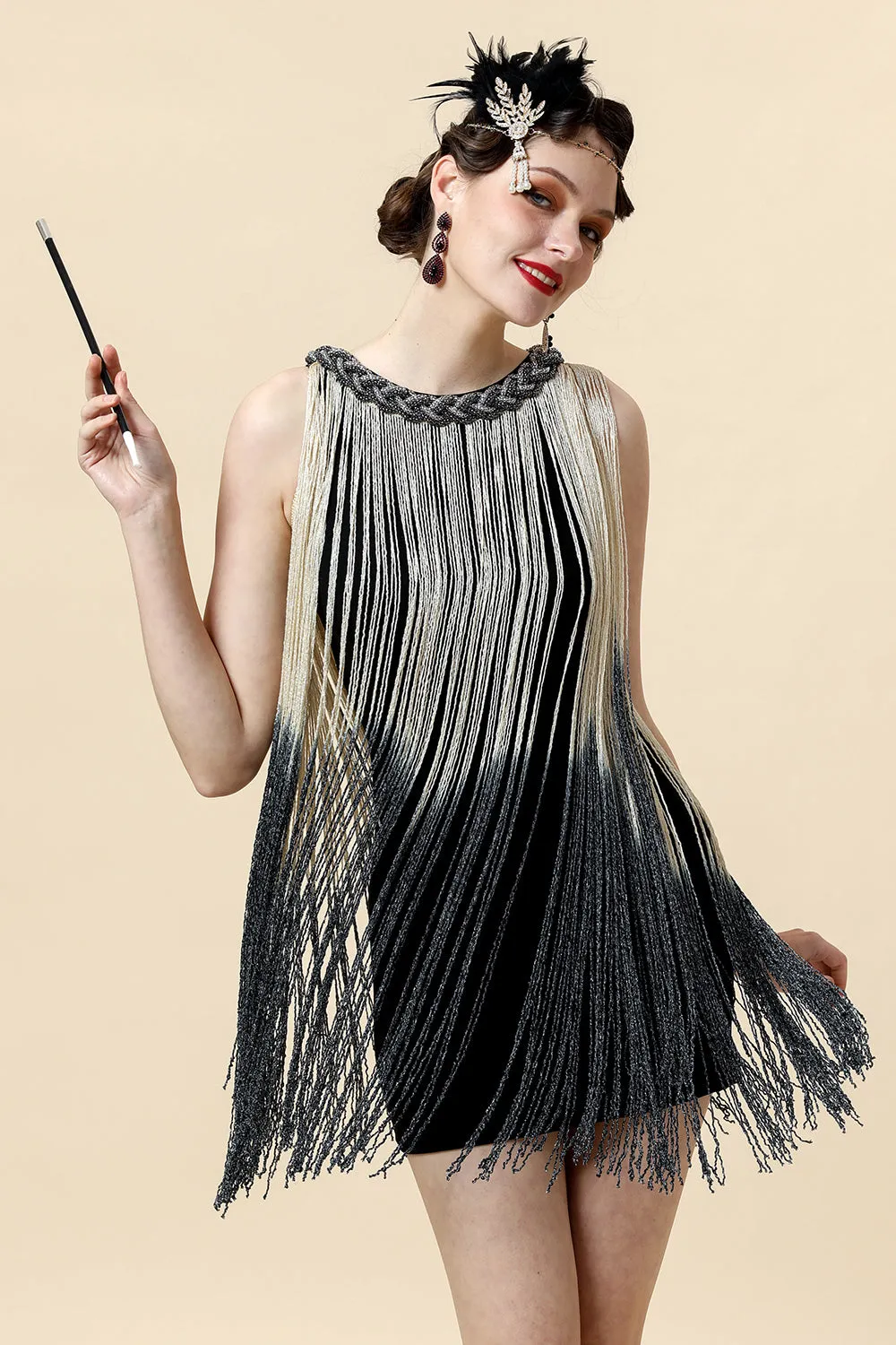 Apricot Fringed Flapper Dress with 20s Accessories Set sold by Zapaka product image thumbnail 2