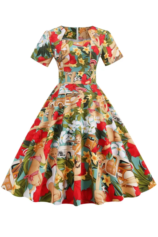 Yellow and Green Floral Vintage 1950s Dress with Sleeves sold by Zapaka