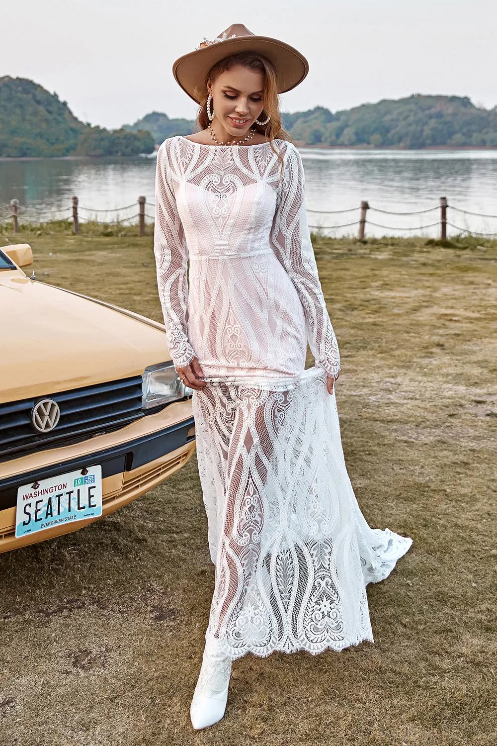 Ivory Mermaid Long Sleeves Lace Boho Wedding Dress With Sweep Train sold by Zapaka product image thumbnail 3