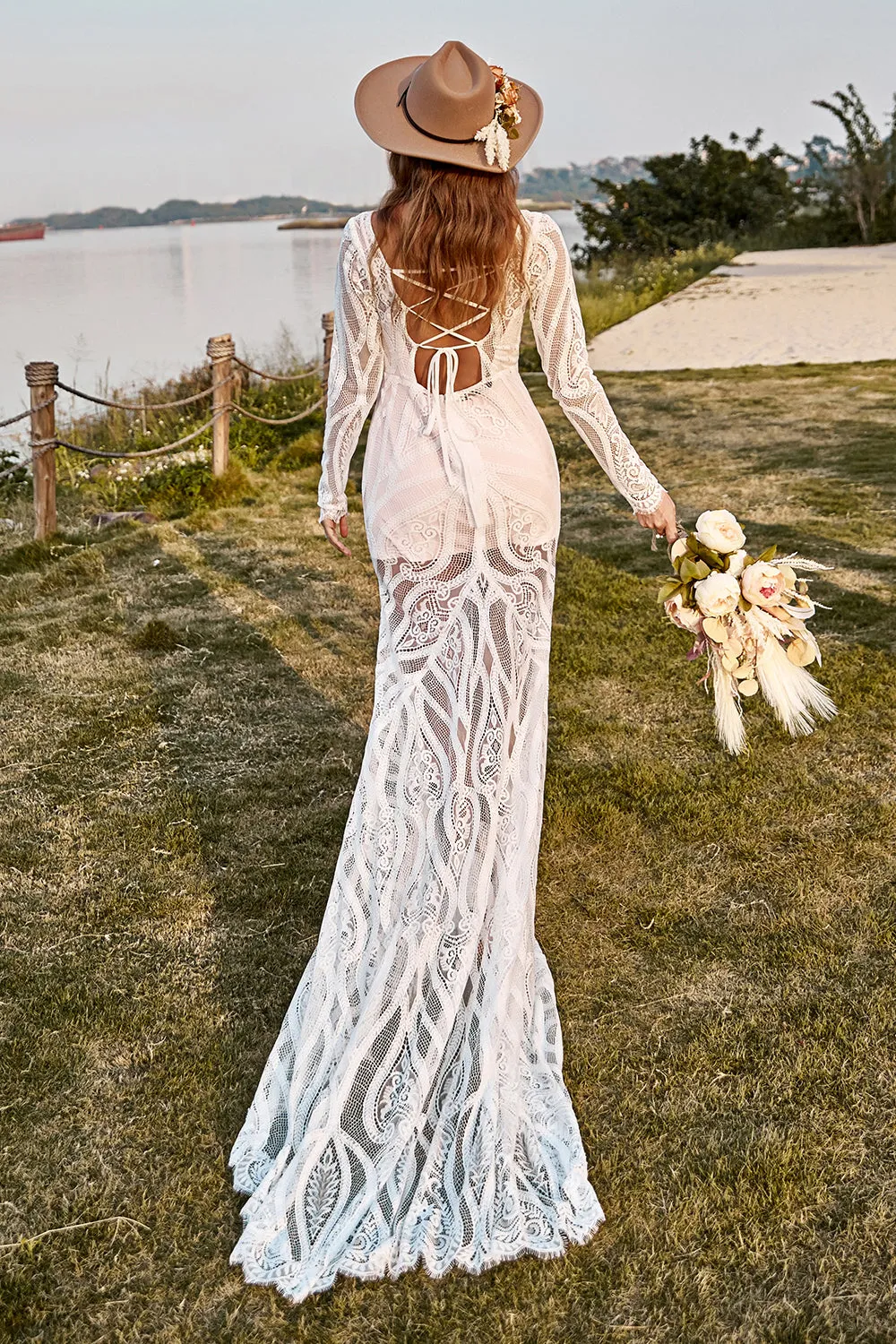Ivory Mermaid Long Sleeves Lace Boho Wedding Dress With Sweep Train sold by Zapaka product image thumbnail 2
