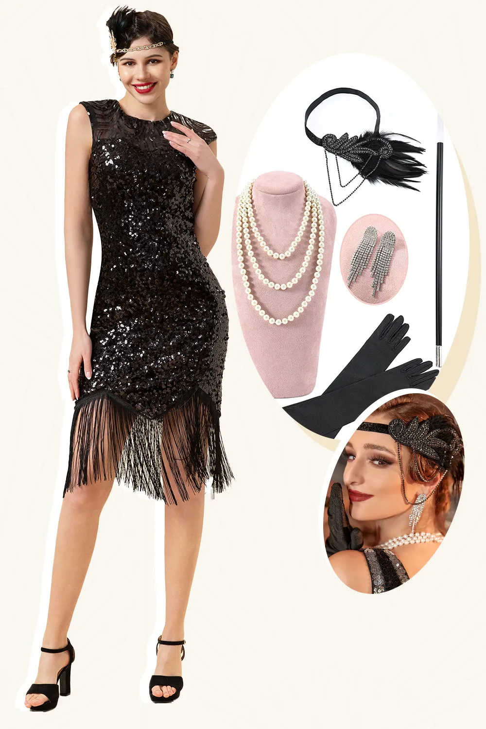 Black Sequined Fringes 1920s Gatsby Flapper Dress with 20s Accessories Set sold by Zapaka