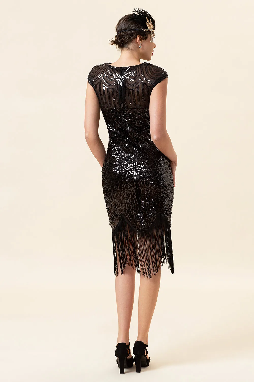 Black Sequined Fringes 1920s Gatsby Flapper Dress with 20s Accessories Set sold by Zapaka product image thumbnail 3
