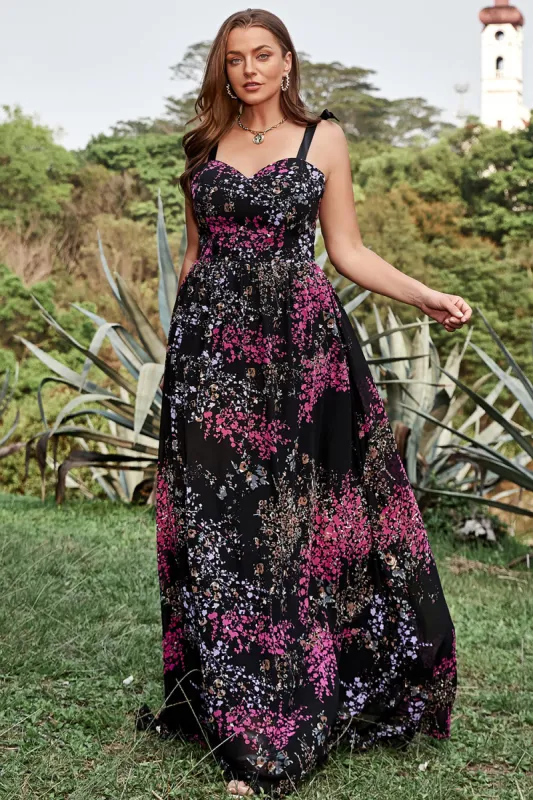 A Line Spaghetti Straps Black Mixed Flower Plus Size Prom Dress sold by Zapaka