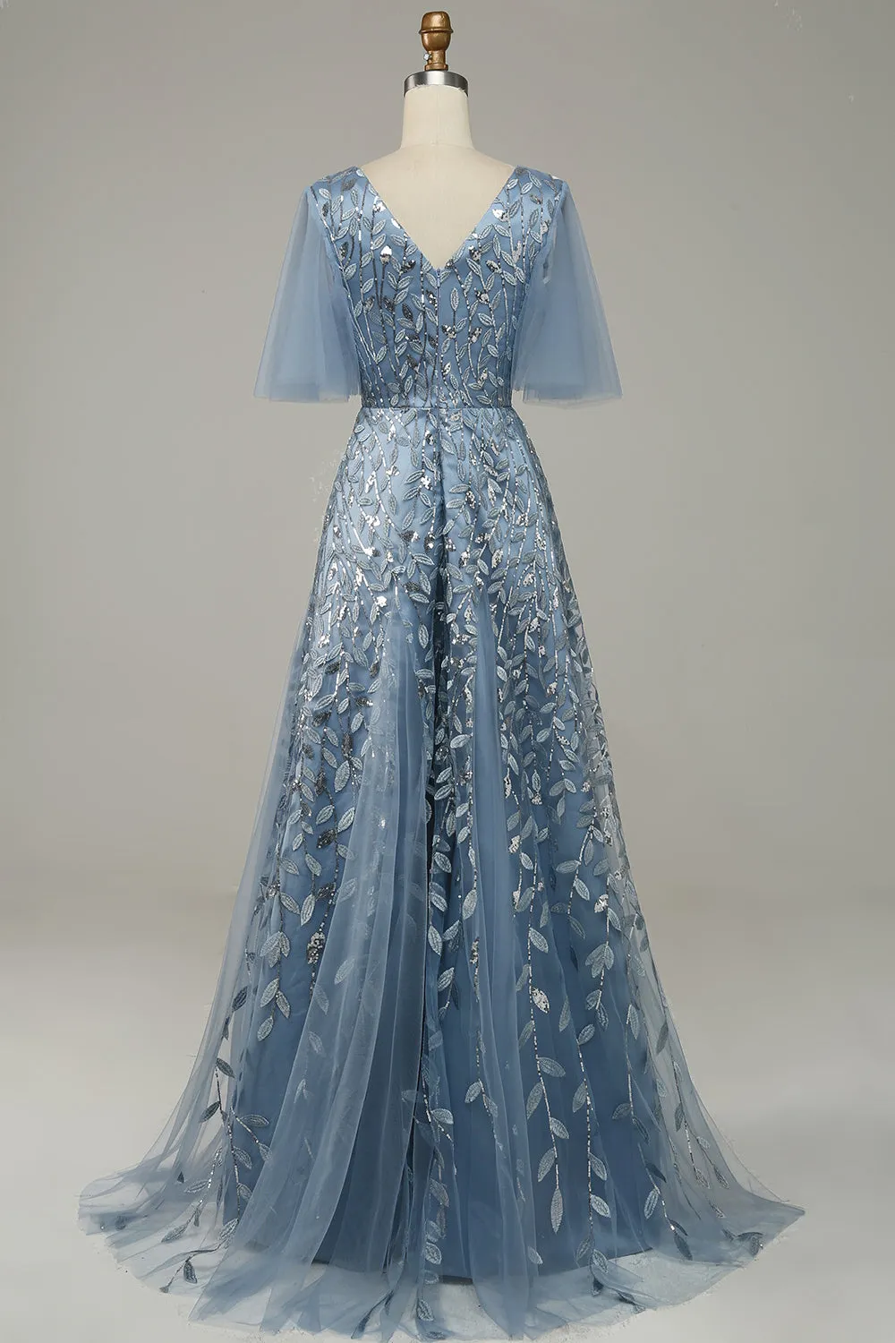 Grey Blue Tulle Embroidered Leaves Prom Dress sold by Zapaka product image thumbnail 2