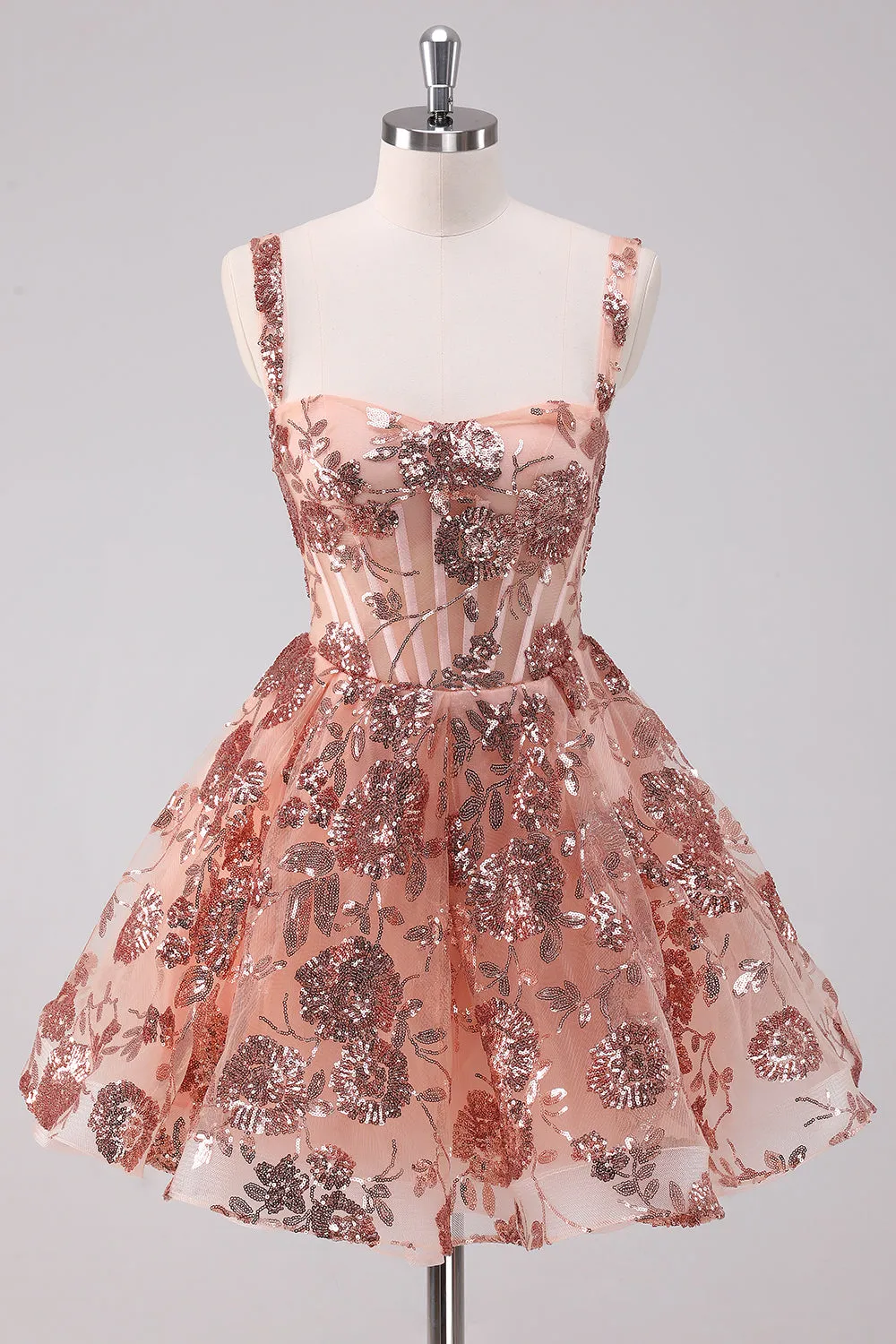 Glitter Blush A-Line Spaghetti Straps Sequins Tulle Corset Homecoming Dress sold by Zapaka
