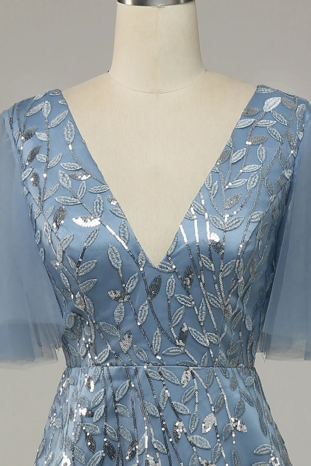 Grey Blue Tulle Embroidered Leaves Prom Dress sold by Zapaka product image thumbnail 5