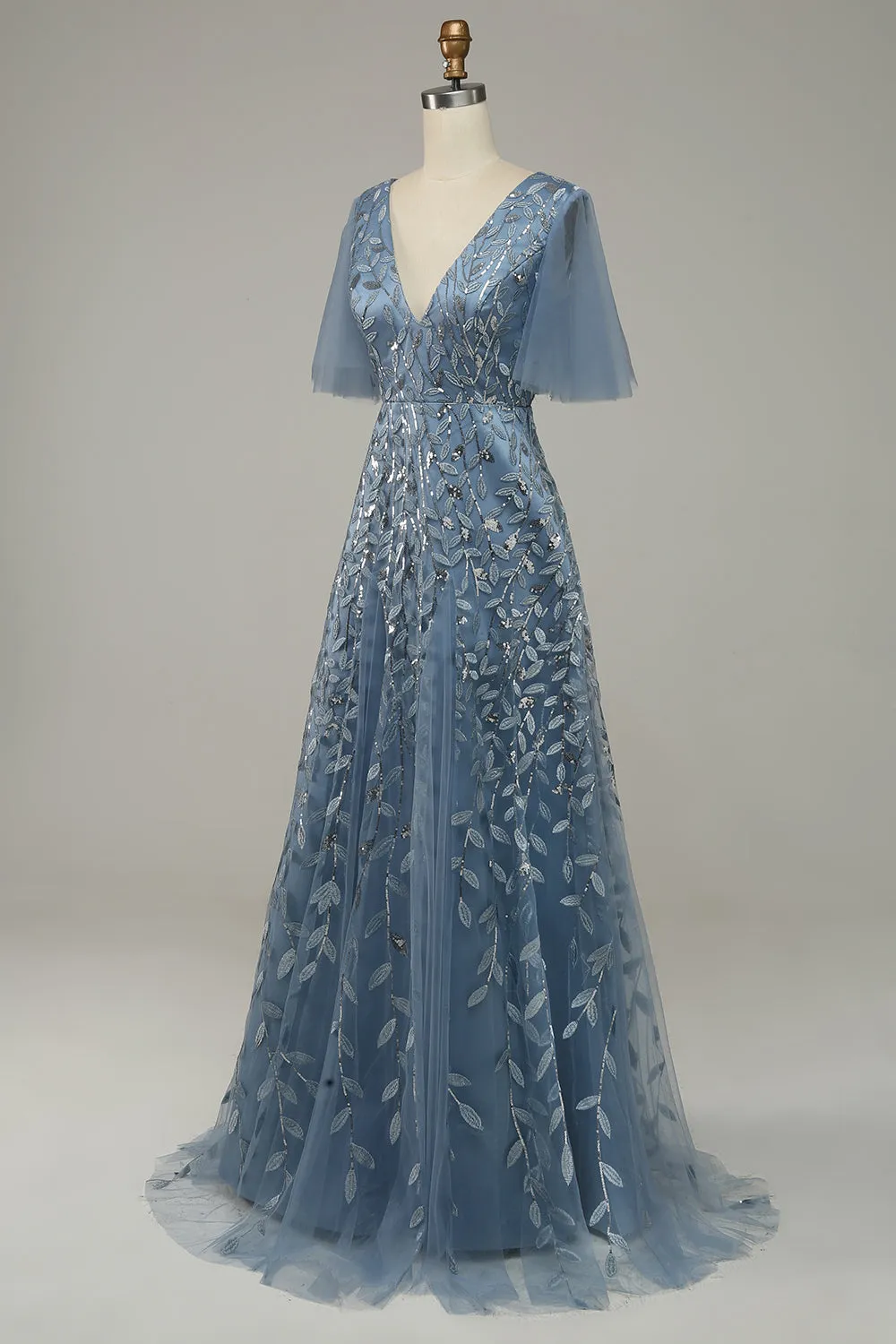 Grey Blue Tulle Embroidered Leaves Prom Dress sold by Zapaka product image thumbnail 4