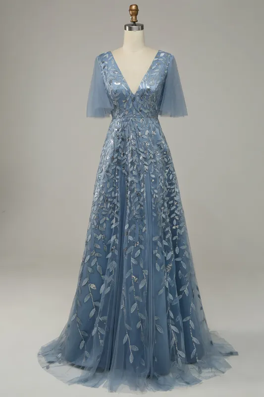 Grey Blue Tulle Embroidered Leaves Prom Dress sold by Zapaka