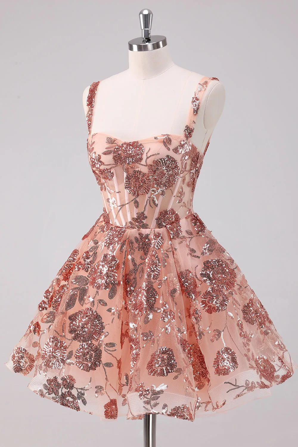 Glitter Blush A-Line Spaghetti Straps Sequins Tulle Corset Homecoming Dress sold by Zapaka product image thumbnail 3