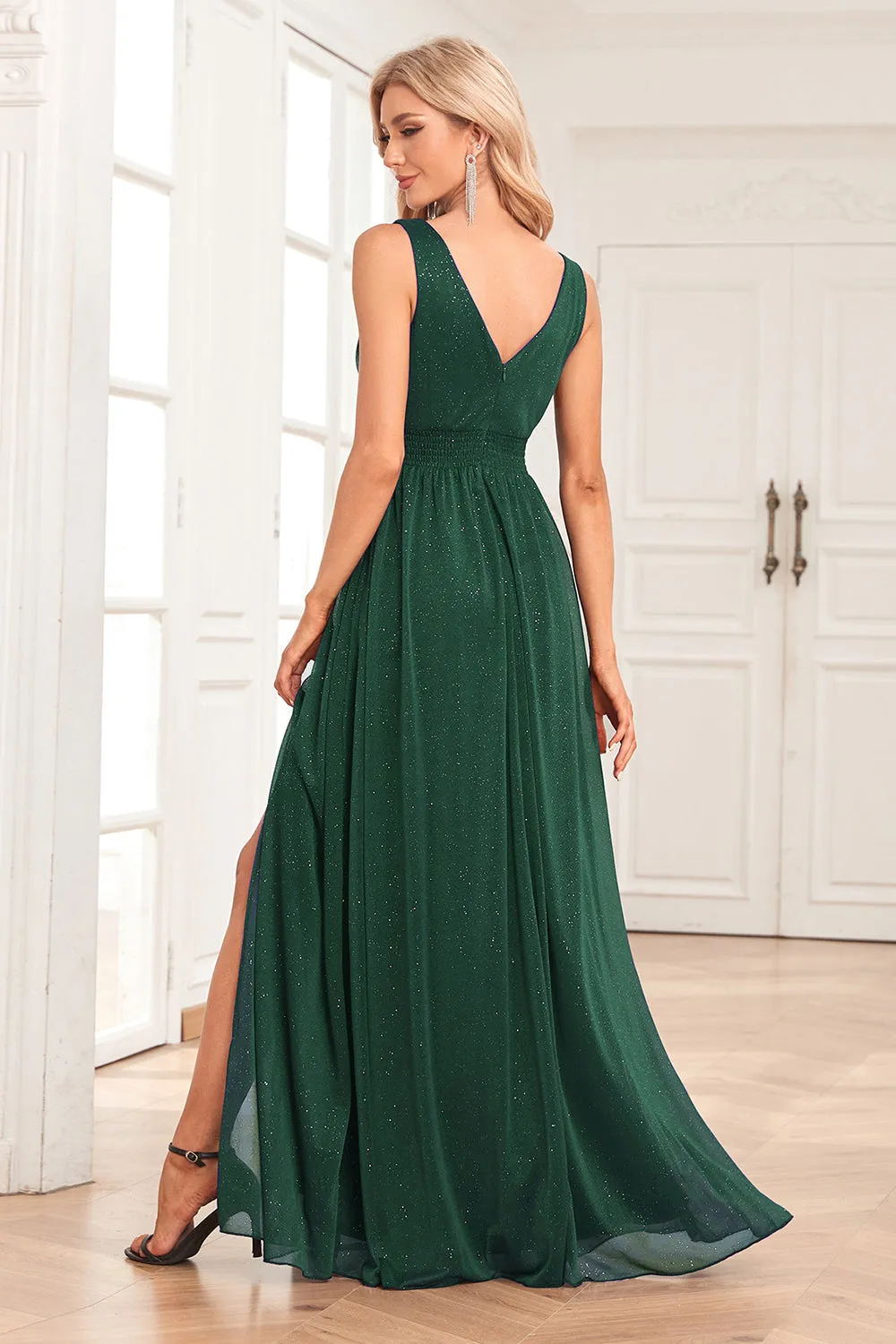 A-Line Sparkly V-Neck Dark Green Prom Dress with Slit sold by Zapaka product image thumbnail 2