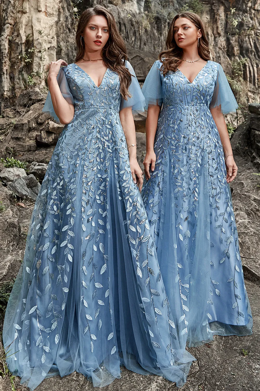 Grey Blue Tulle Embroidered Leaves Prom Dress sold by Zapaka product image thumbnail 3