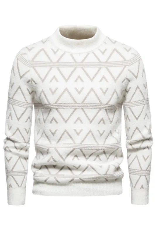 White Men's Round Neck Striped Print Pullover Sweater sold by Zapaka