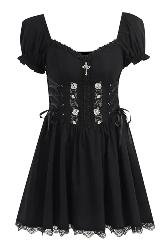 Puff Sleeves Black 1950s Dress with Lace sold by Zapaka