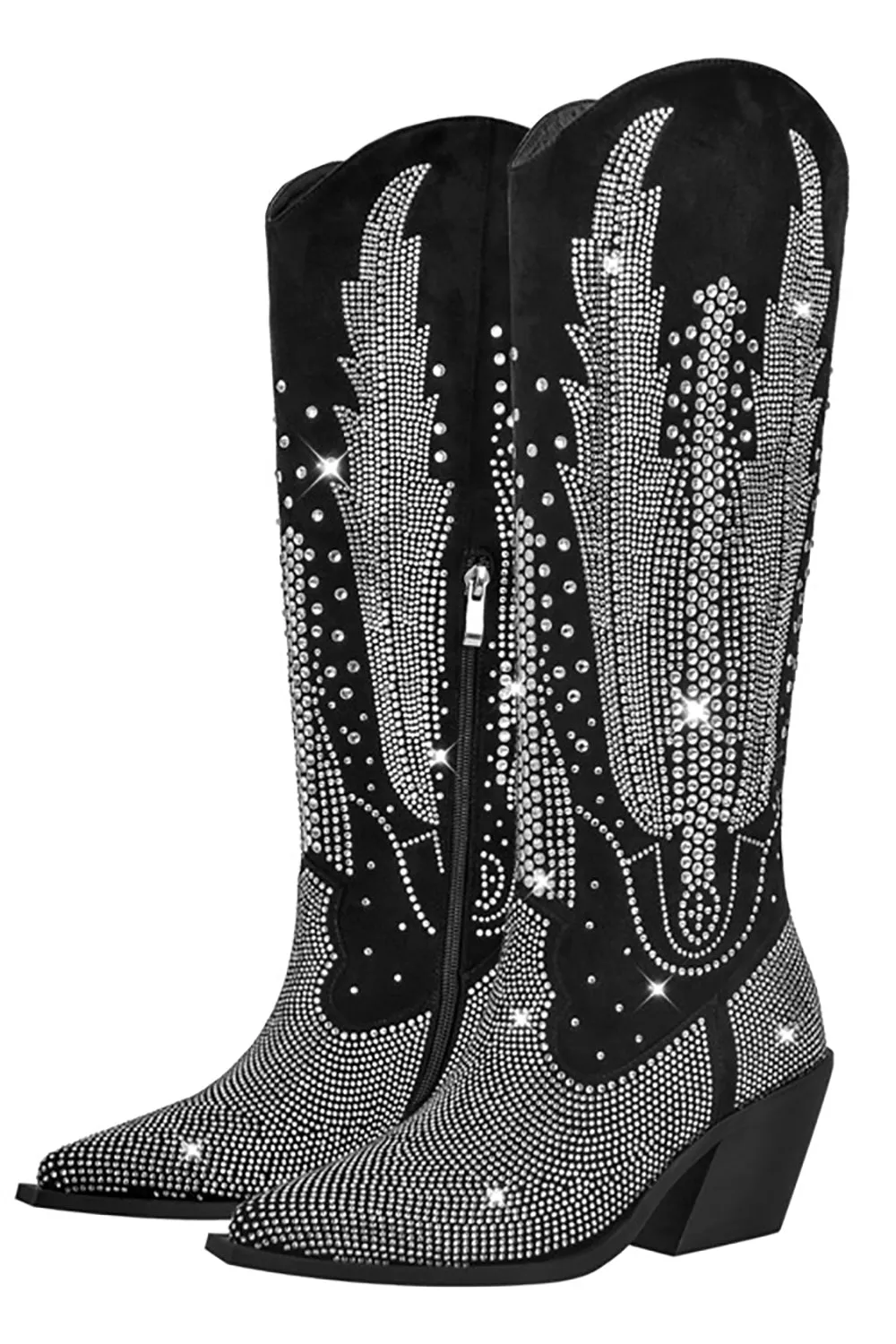 Black Knee-High Transparent Shiny Glitter Pointed Toe Shoes sold by Zapaka