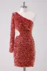 Sparkly Red One Shoulder Tight Short Homecoming Dress with Hollow Out sold by Zapaka