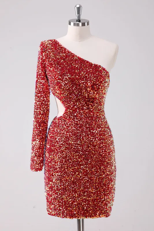 Sparkly Red One Shoulder Tight Short Homecoming Dress with Hollow Out sold by Zapaka