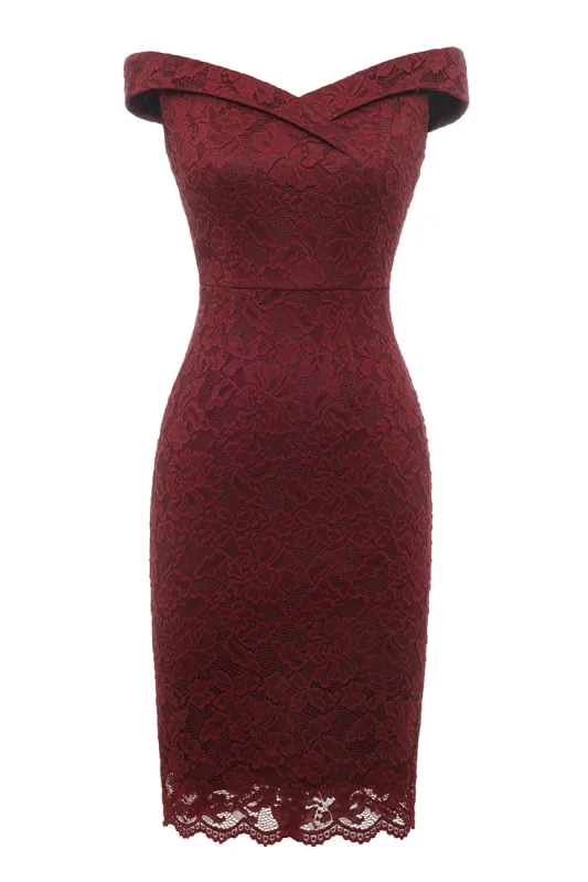Sheath Off the Shoulder Burgundy Lace Dress sold by Zapaka