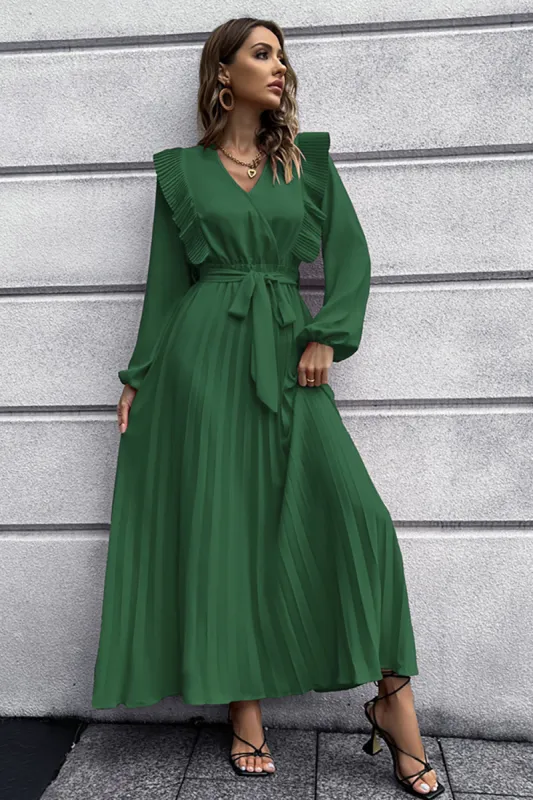 A-Line Long Sleeves Dark Green Casual Dress with Ruffles sold by Zapaka