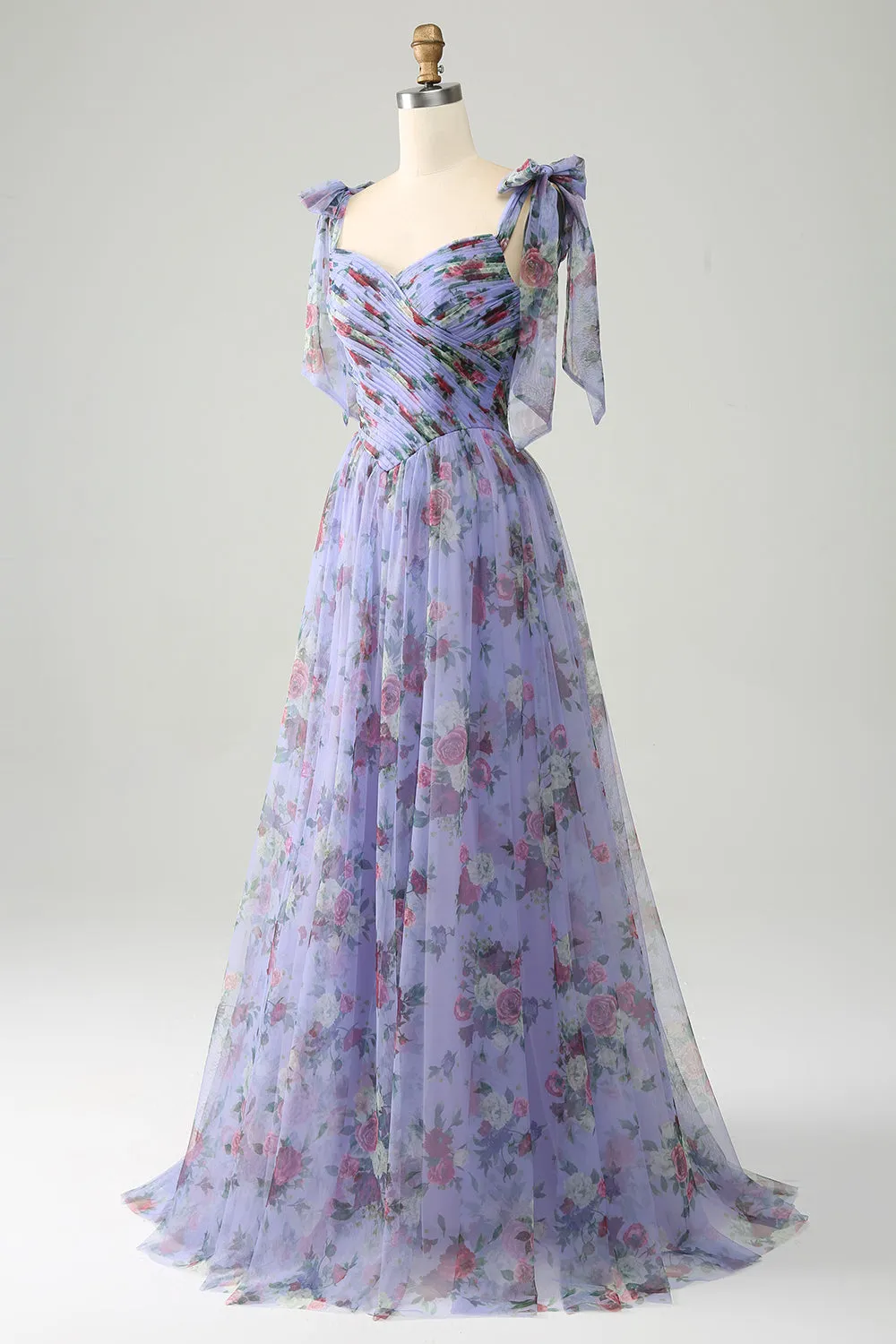 Lavender Floral Print Tulle Prom Dress with Pleated sold by Zapaka product image thumbnail 4