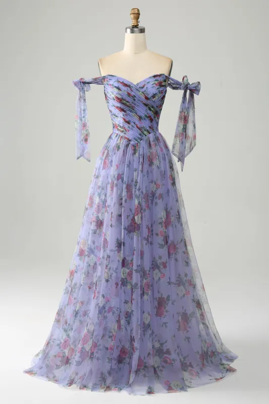 Lavender Floral Print Tulle Prom Dress with Pleated sold by Zapaka