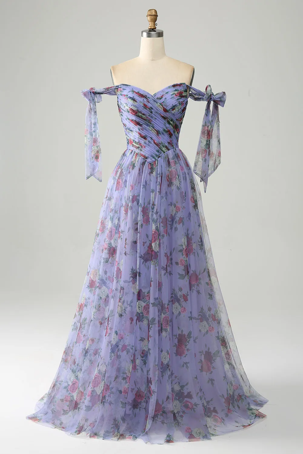 Lavender Floral Print Tulle Prom Dress with Pleated sold by Zapaka