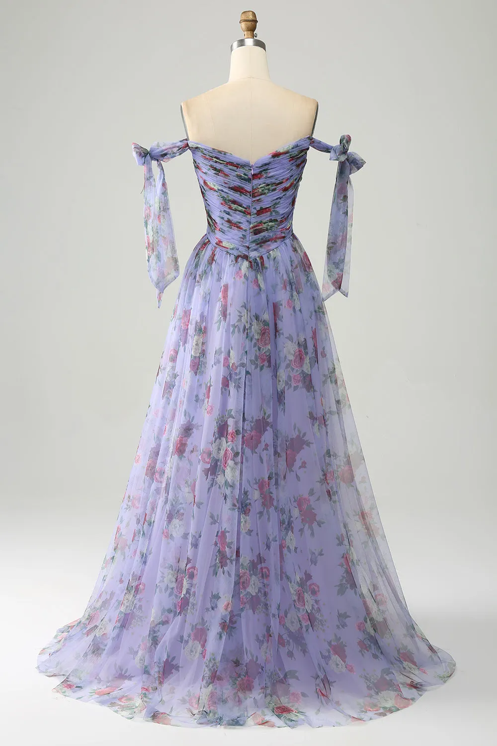 Lavender Floral Print Tulle Prom Dress with Pleated sold by Zapaka product image thumbnail 2