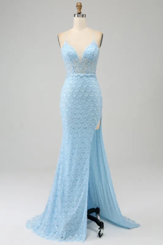 Glitter Sky Blue Spaghetti Straps Mermaid Prom Dress with Slit sold by Zapaka