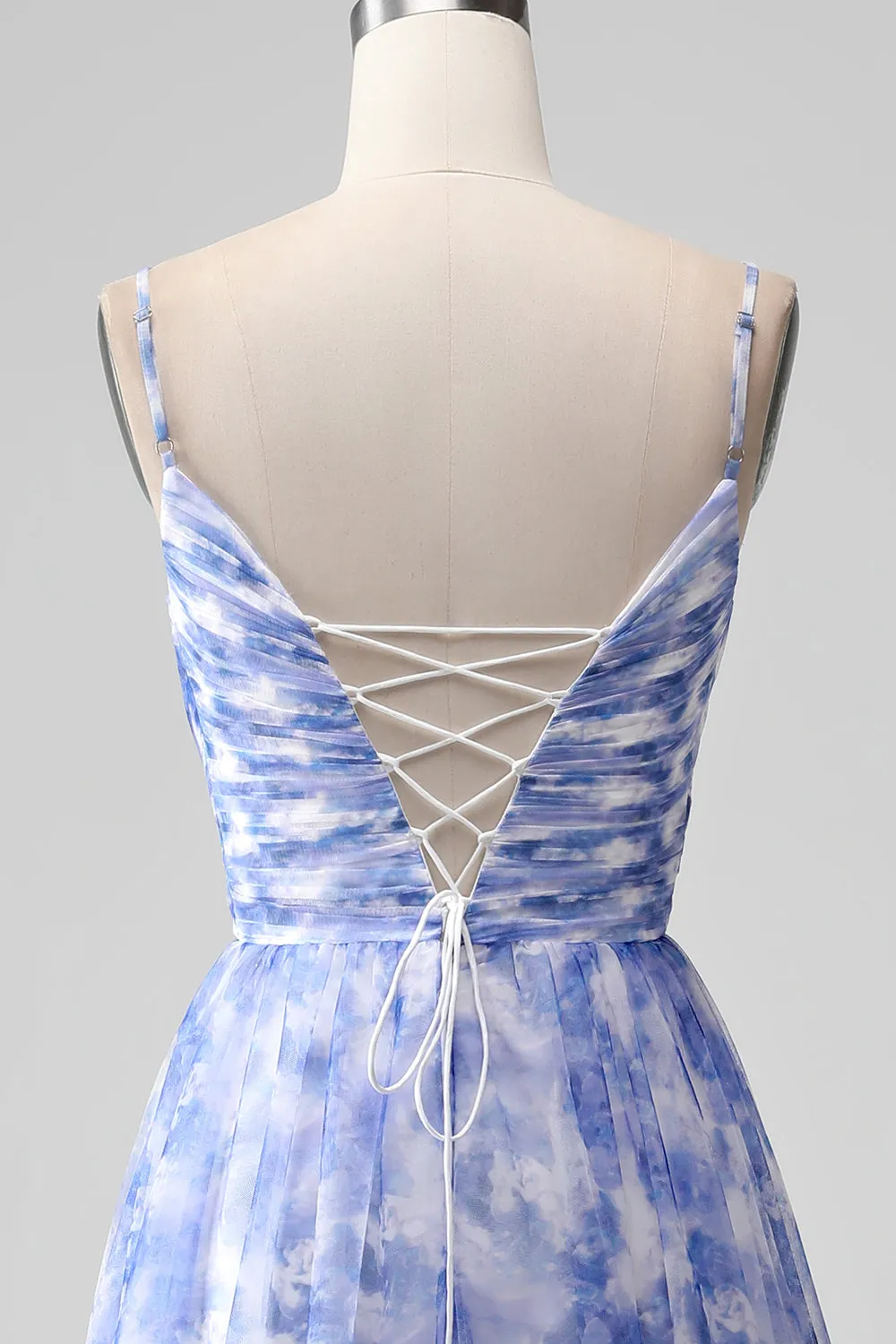 Blue Print A Line Spaghetti Straps Long Bridesmaid Dress sold by Zapaka product image thumbnail 5