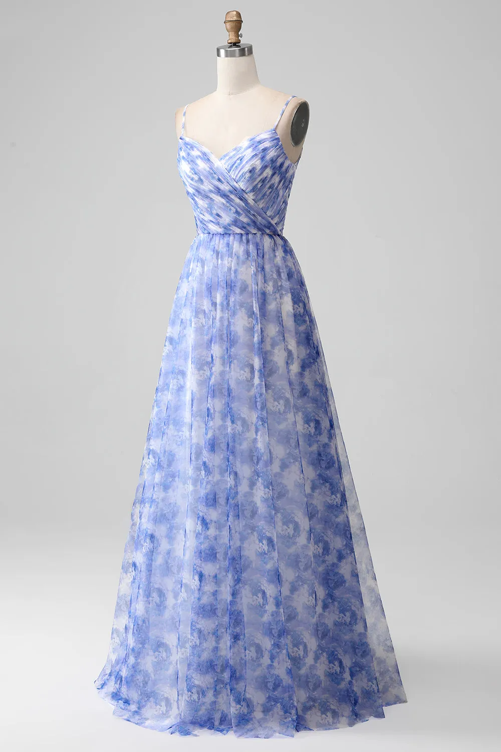 Blue Print A Line Spaghetti Straps Long Bridesmaid Dress sold by Zapaka product image thumbnail 3