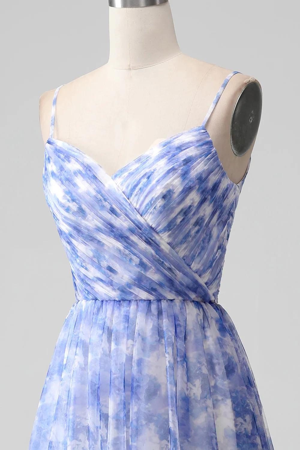 Blue Print A Line Spaghetti Straps Long Bridesmaid Dress sold by Zapaka product image thumbnail 4