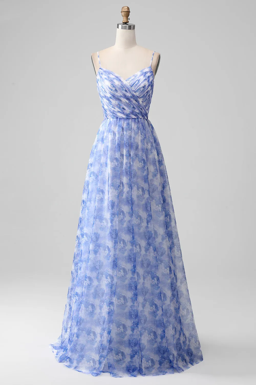 Blue Print A Line Spaghetti Straps Long Bridesmaid Dress sold by Zapaka