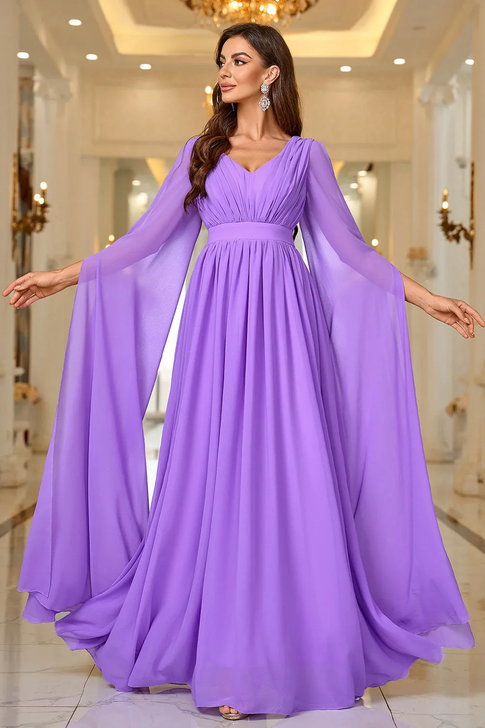Purple A Line V Neck Long Sleeves Chiffon Prom Dress sold by Zapaka product image thumbnail 3
