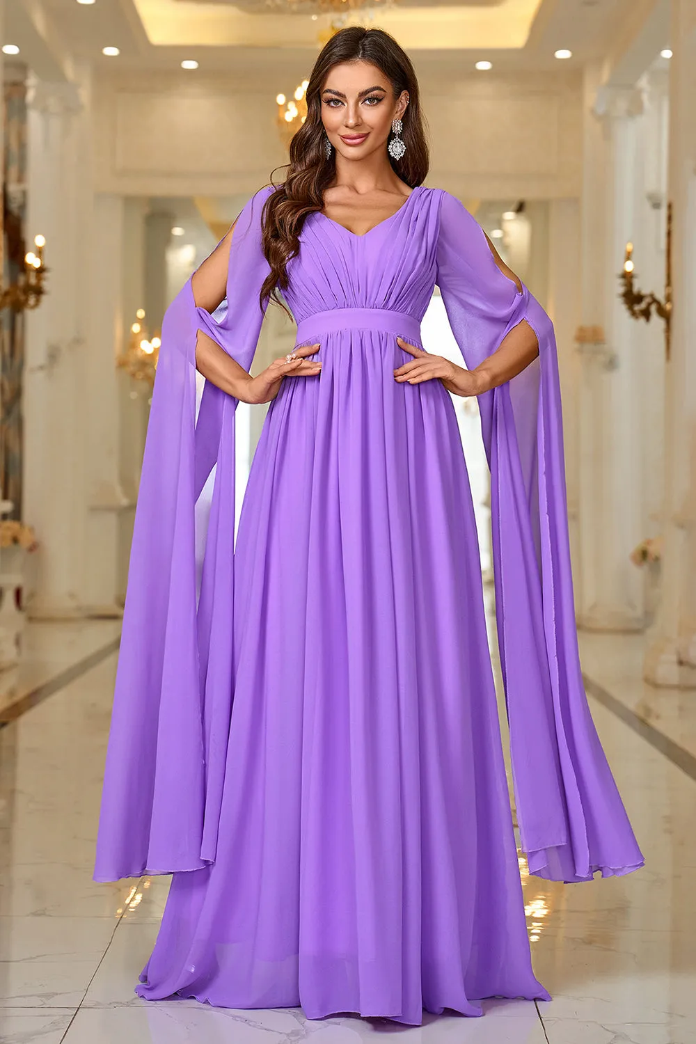 Purple A Line V Neck Long Sleeves Chiffon Prom Dress sold by Zapaka product image thumbnail 4