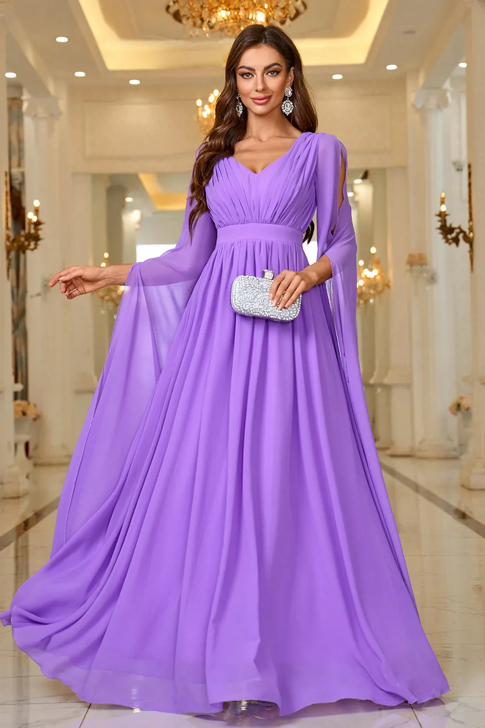 Purple A Line V Neck Long Sleeves Chiffon Prom Dress sold by Zapaka