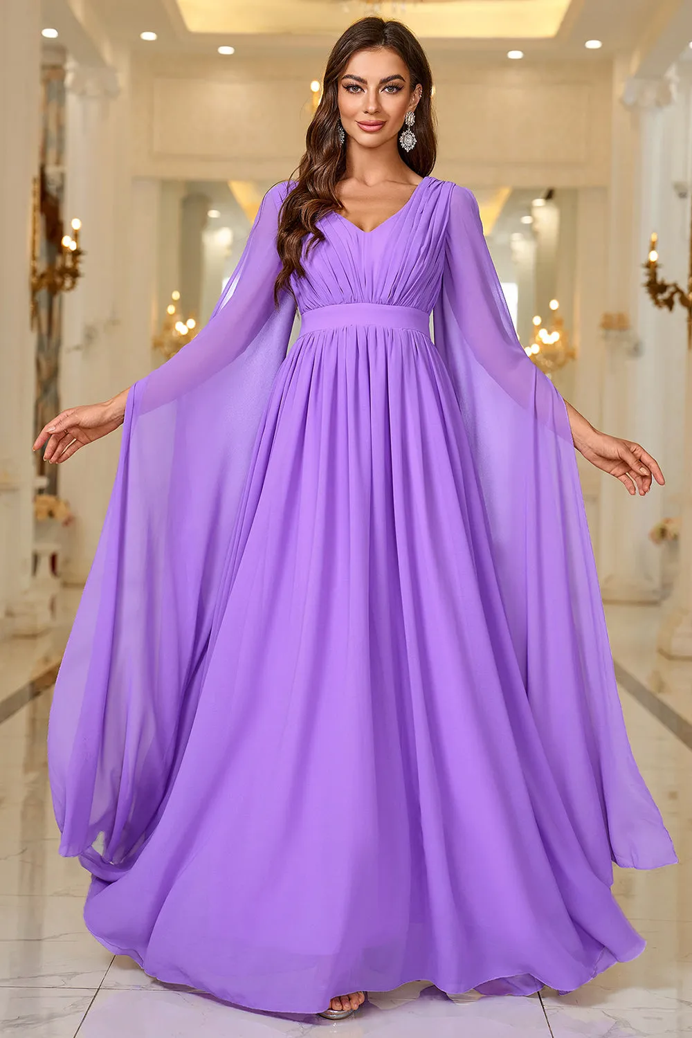 Purple A Line V Neck Long Sleeves Chiffon Prom Dress sold by Zapaka product image thumbnail 5