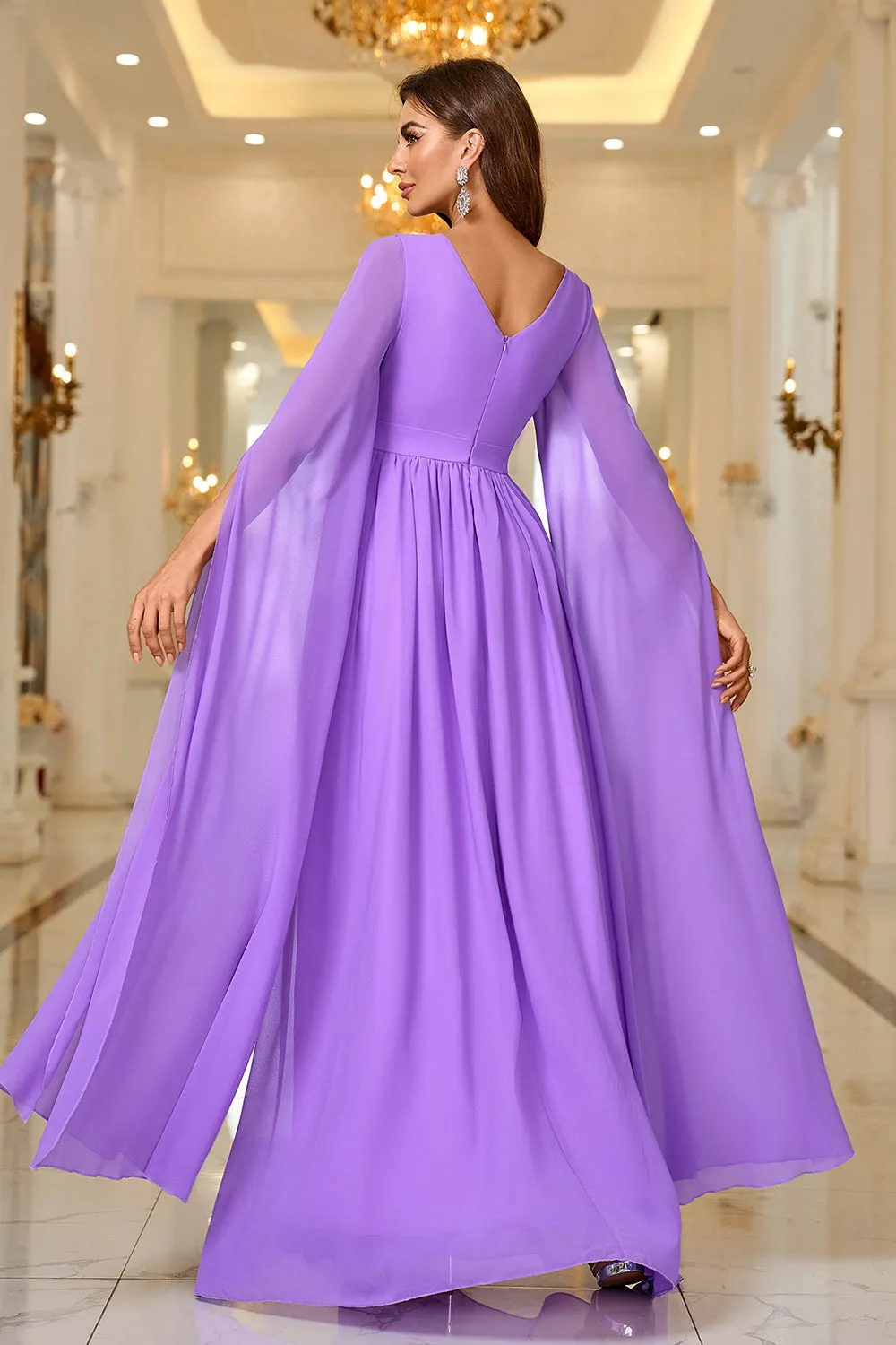 Purple A Line V Neck Long Sleeves Chiffon Prom Dress sold by Zapaka product image thumbnail 2