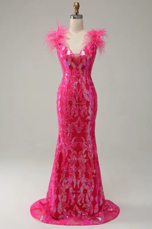 Mermaid Deep V Neck Fuchsia Sequins Long Prom Dress with Feathers sold by Zapaka