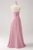 Pink Keyhole A-Line Satin Bridesmaid Dress with Slit sold by Zapaka