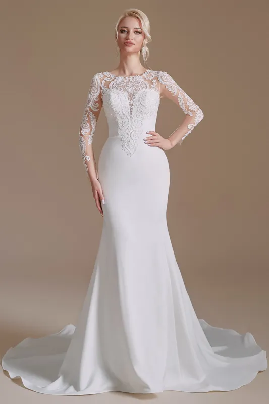 White Mermaid Long Sleeves Sweep Train Wedding Dress with Lace sold by Zapaka