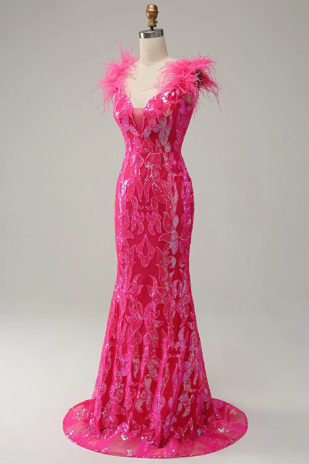 Mermaid Deep V Neck Fuchsia Sequins Long Prom Dress with Feathers sold by Zapaka product image thumbnail 3