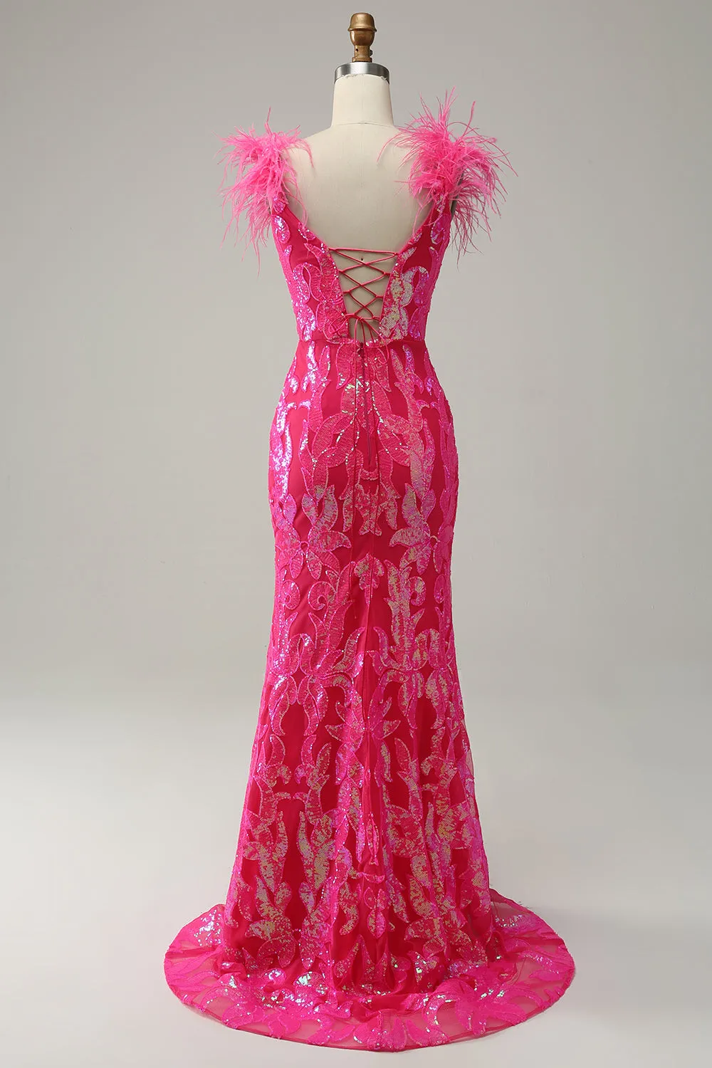 Mermaid Deep V Neck Fuchsia Sequins Long Prom Dress with Feathers sold by Zapaka product image thumbnail 2